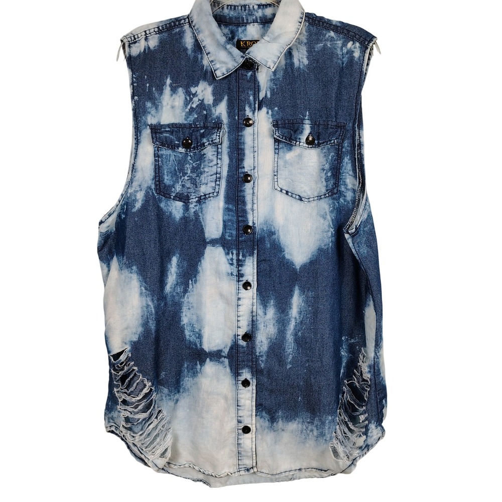 Kroix Womens 1X Sleeveless Denim Top Blue Acid Wash Distressed Grunge Streetwear